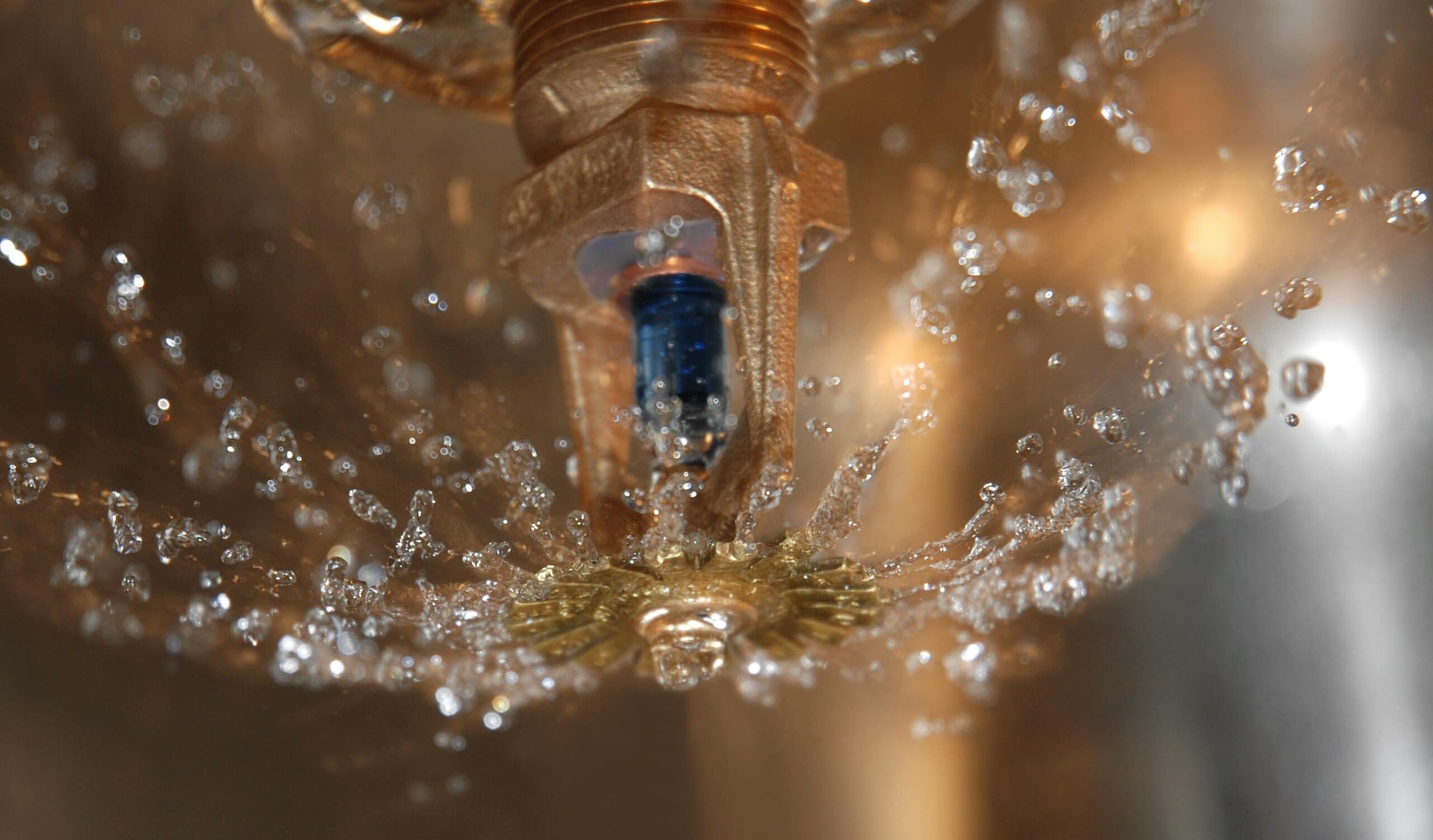 天花板上安裝的消防自動灑水器，靜止狀態中等待啟動，用於火災發生時自動噴水抑制火勢。