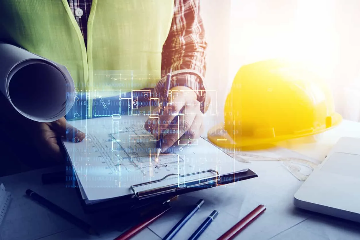 工人們在紙上繪製消防工程圖面，上方呈現 BIM 立體模型模擬畫面 - 消防工程 | 消防設備安裝與智慧消防服務 | 焰控科技 - 消防工程 | 消防設備安裝與智慧消防服務 | 焰控科技