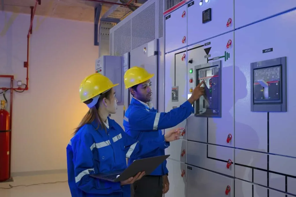 兩位工人在現場檢查弱電系統設備，確認消防與自動化整合狀況 - 消防工程 | 消防設備安裝與智慧消防服務 | 焰控科技 - 消防工程 | 消防設備安裝與智慧消防服務 | 焰控科技